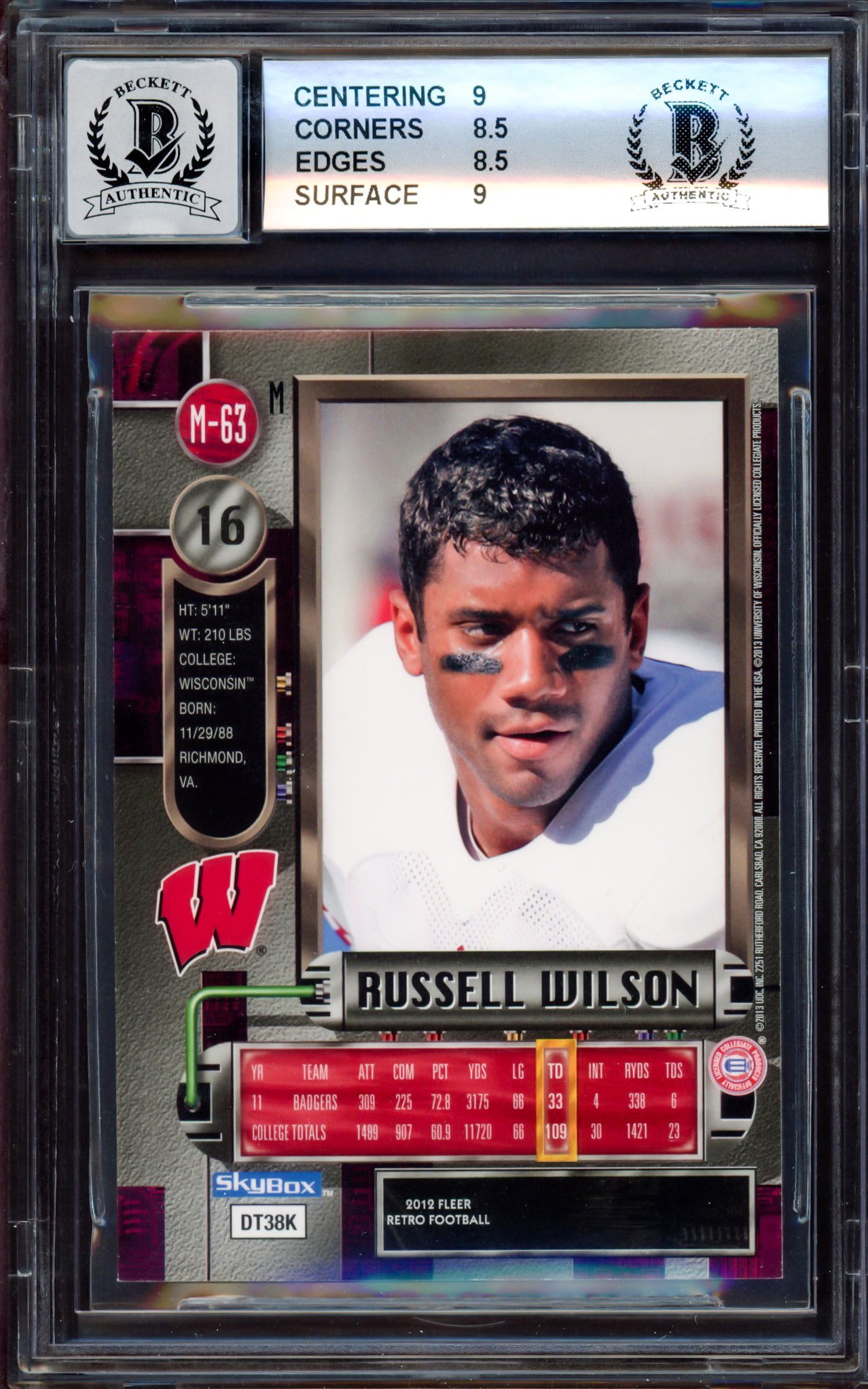 Russell Wilson Autographed 2012 Fleer Metal Universe Rookie Card #M-63 Wisconsin Badgers BGS 8.5 Auto Grade Gem Mint 10 Beckett BAS #15530120