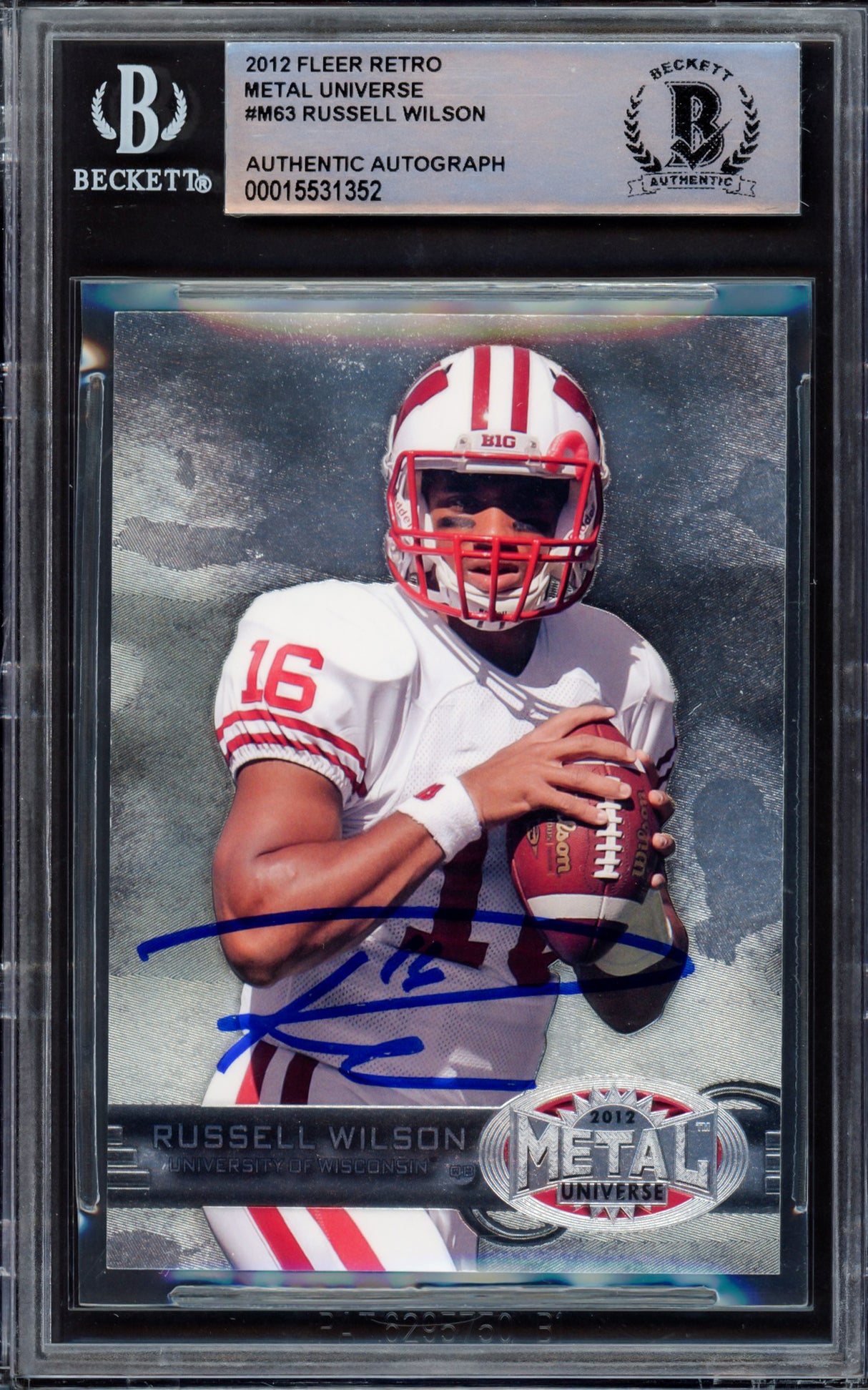 Russell Wilson Autographed 2012 Fleer Metal Universe Rookie Card #M-63 Wisconsin Badgers Beckett BAS #15531352