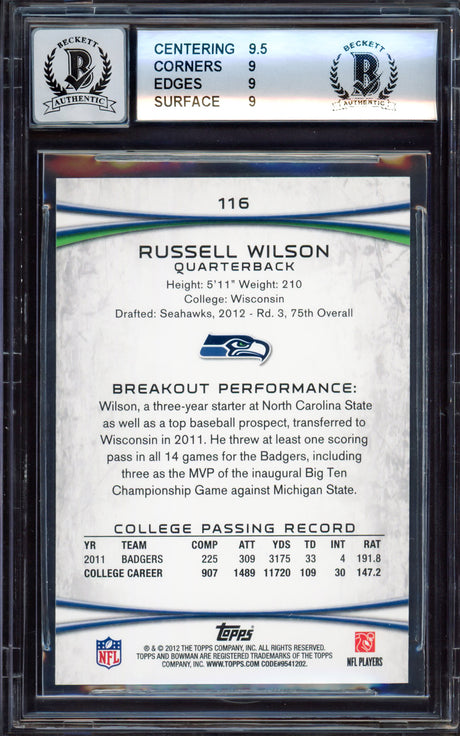 Russell Wilson Autographed 2012 Bowman Rookie Card #116A Seattle Seahawks BGS 9 Auto Grade Gem Mint 10 Beckett BAS #15530104