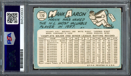 Hank Aaron Autographed 1965 Topps Card #170 Milwaukee Braves Vintage Signature PSA/DNA #84523933