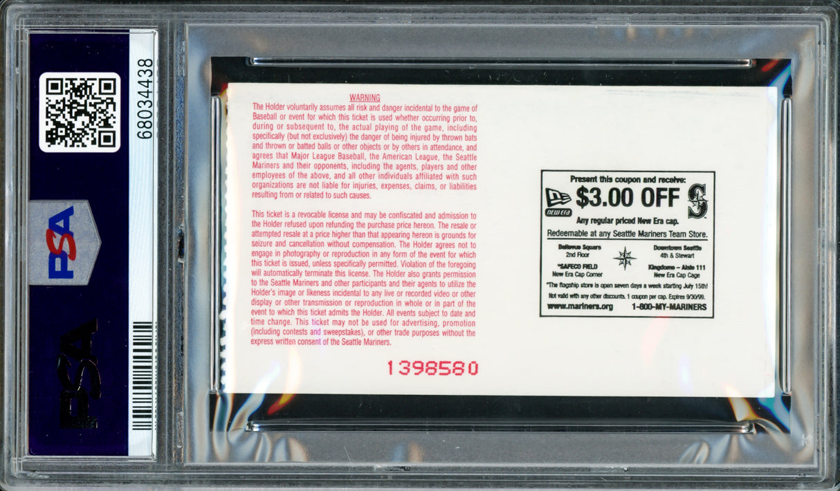 Ken Griffey Jr. Autographed June 27th, 1999 Ticket Stub Final HR in Kingdome Seattle Mariners PSA 6 Auto Grade Gem Mint 10 Highest Graded PSA/DNA #68034438