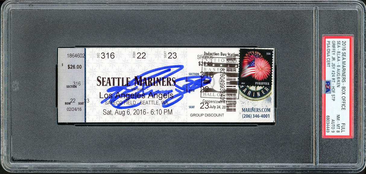 Ken Griffey Jr. Autographed Aug. 6th, 2016 Ticket Seattle Mariners PSA 8 Auto Grade Mint 9 "24" Number 24 Retirement PSA/DNA #68034449