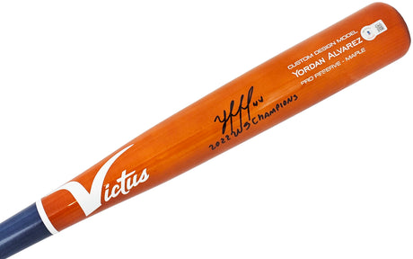 Yordan Alvarez Autographed Orange & Blue Victus Player Model Bat Houston Astros "2022 WS Champions" Beckett BAS Witness Stock #215389