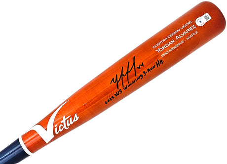 Yordan Alvarez Autographed Orange & Blue Victus Player Model Bat Houston Astros "2022 WS Winning 3-Run HR" Beckett BAS Witness Stock #215388