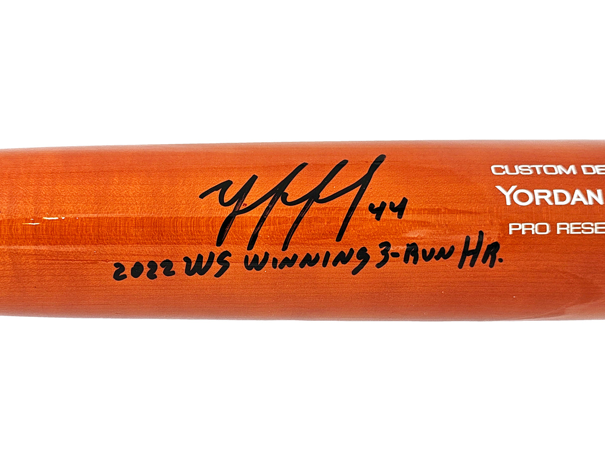 Yordan Alvarez Autographed Orange & Blue Victus Player Model Bat Houston Astros "2022 WS Winning 3-Run HR" Beckett BAS Witness Stock #215388