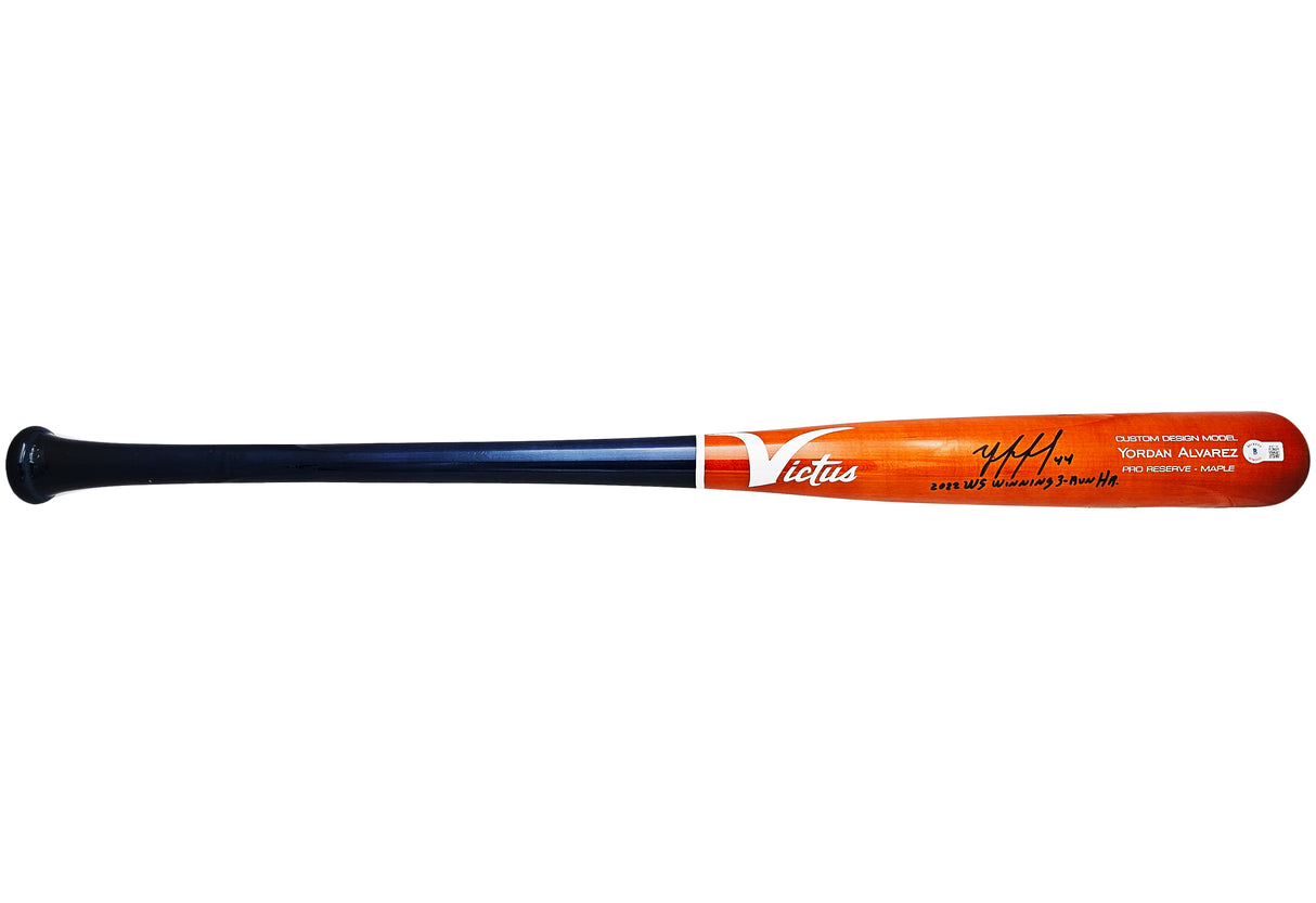 Yordan Alvarez Autographed Orange & Blue Victus Player Model Bat Houston Astros "2022 WS Winning 3-Run HR" Beckett BAS Witness Stock #215388