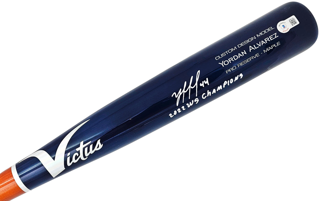 Yordan Alvarez Autographed Blue & Orange Victus Player Model Bat Houston Astros "2022 WS Champions" Beckett BAS Witness Stock #215392