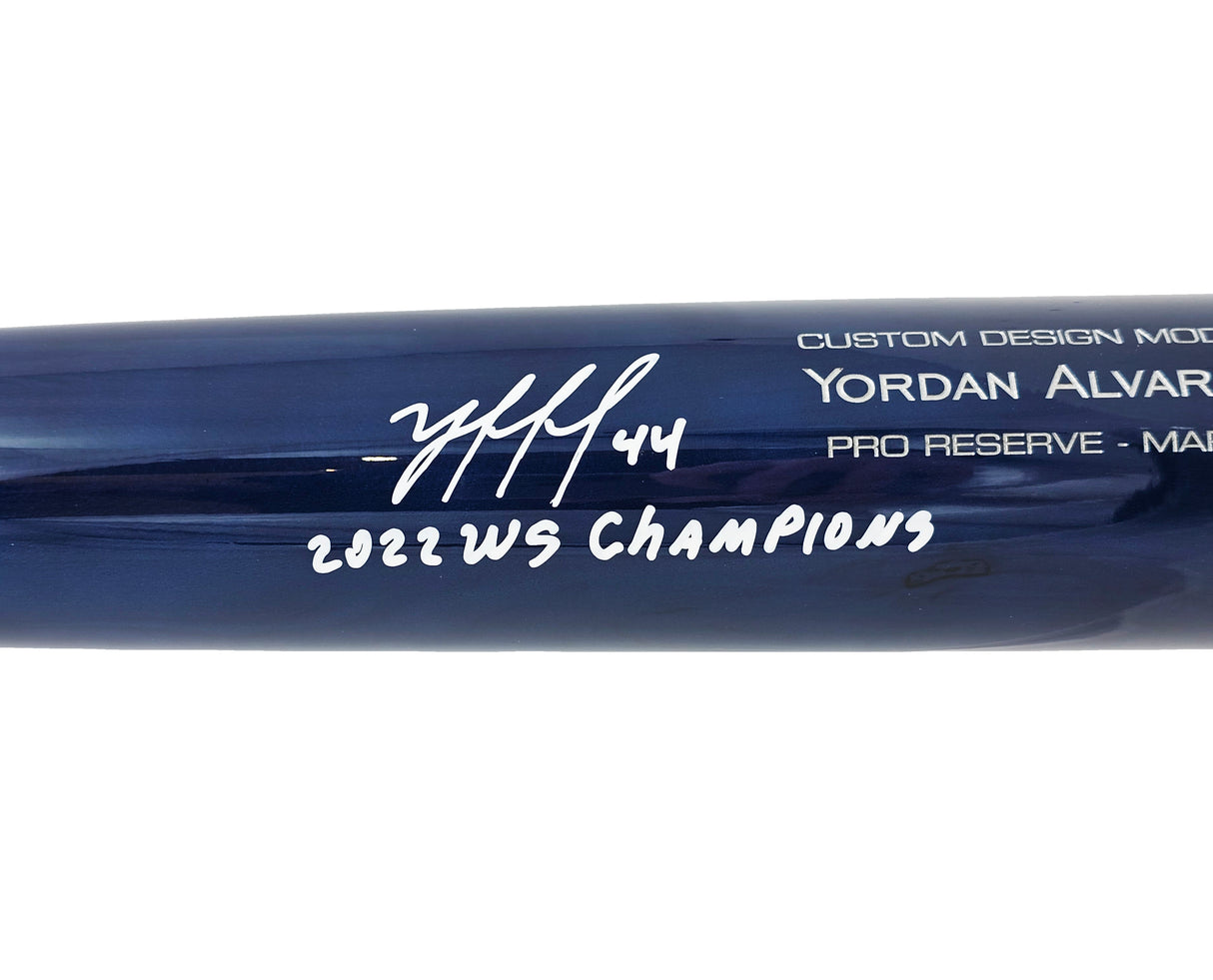 Yordan Alvarez Autographed Blue & Orange Victus Player Model Bat Houston Astros "2022 WS Champions" Beckett BAS Witness Stock #215392