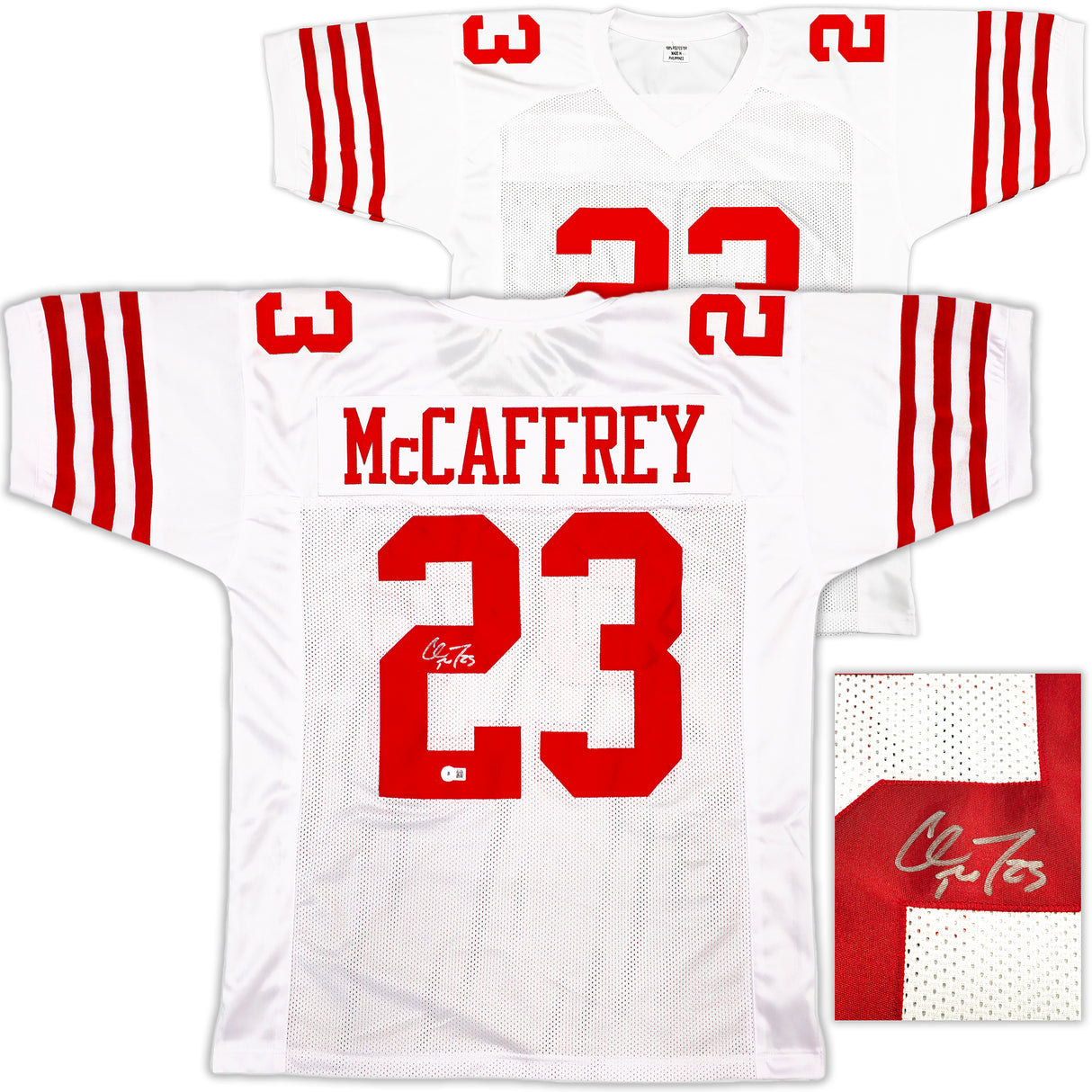 San Francisco 49ers Christian McCaffrey Autographed White Jersey Beckett BAS QR Stock #227789