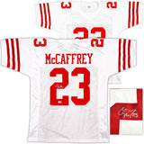 San Francisco 49ers Christian McCaffrey Autographed White Jersey Beckett BAS QR Stock #227789