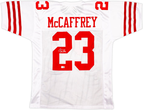 San Francisco 49ers Christian McCaffrey Autographed White Jersey Beckett BAS QR Stock #227789