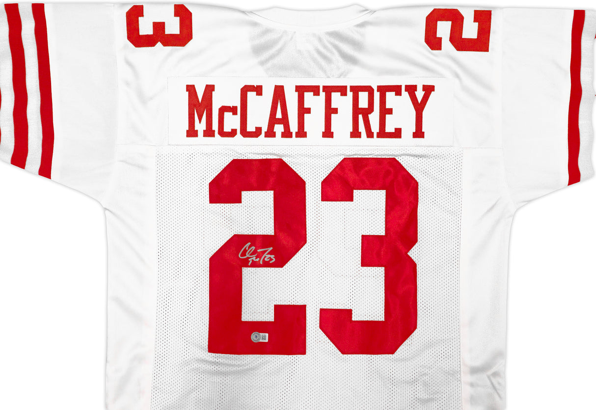 San Francisco 49ers Christian McCaffrey Autographed White Jersey Beckett BAS QR Stock #227789