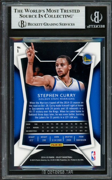 Stephen Curry Autographed 2014-15 Select Card #1 Golden State Warriors Beckett BAS Stock #227994