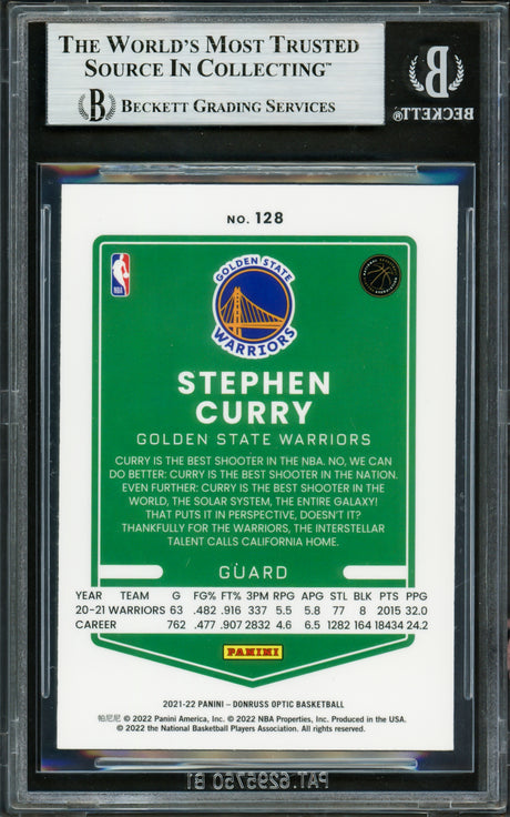 Stephen Curry Autographed 2021-22 Donruss Optic Card #128 Golden State Warriors Beckett BAS Stock #228003