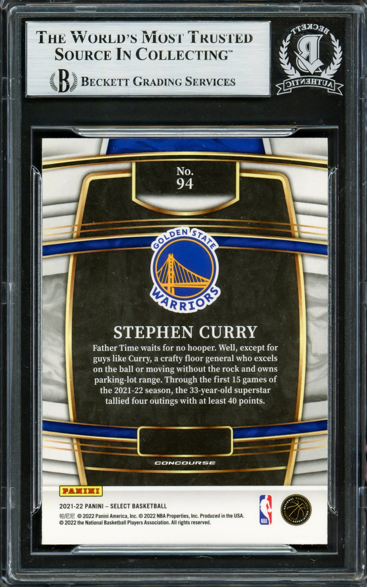 Stephen Curry Autographed 2021-22 Select Blue Card #94 Golden State Warriors Beckett BAS Stock #228007