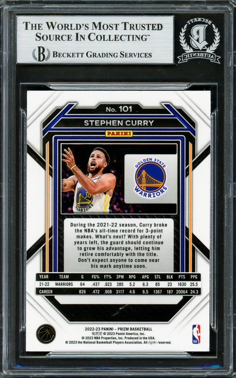 Stephen Curry Autographed 2022-23 Panini Prizm Card #101 Golden State Warriors Beckett BAS Stock #228008