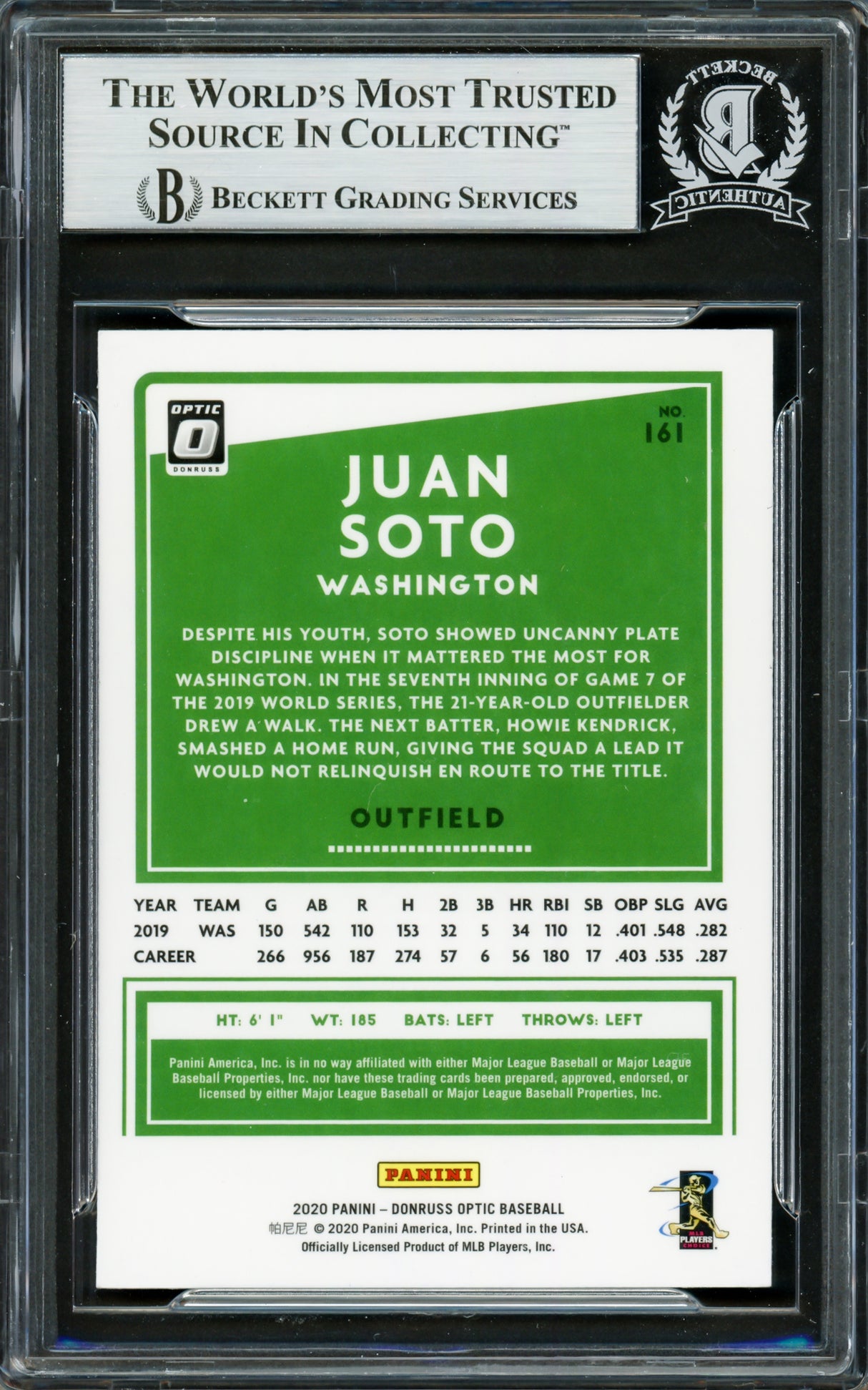 Juan Soto Autographed 2020 Donruss Optic Card #161 New York Yankees Beckett BAS Stock #228032