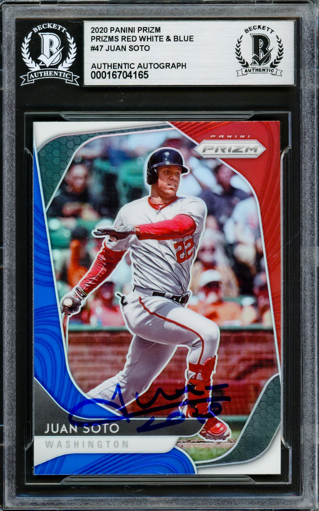 Juan Soto Autographed 2020 Panini Prizm Red White & Blue Card #47 New York Yankees Beckett BAS Stock #228033