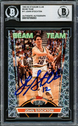 John Stockton Autographed 1992-93 Stadium Club Beam Team Card #11 Utah Jazz Beckett BAS Stock #228045