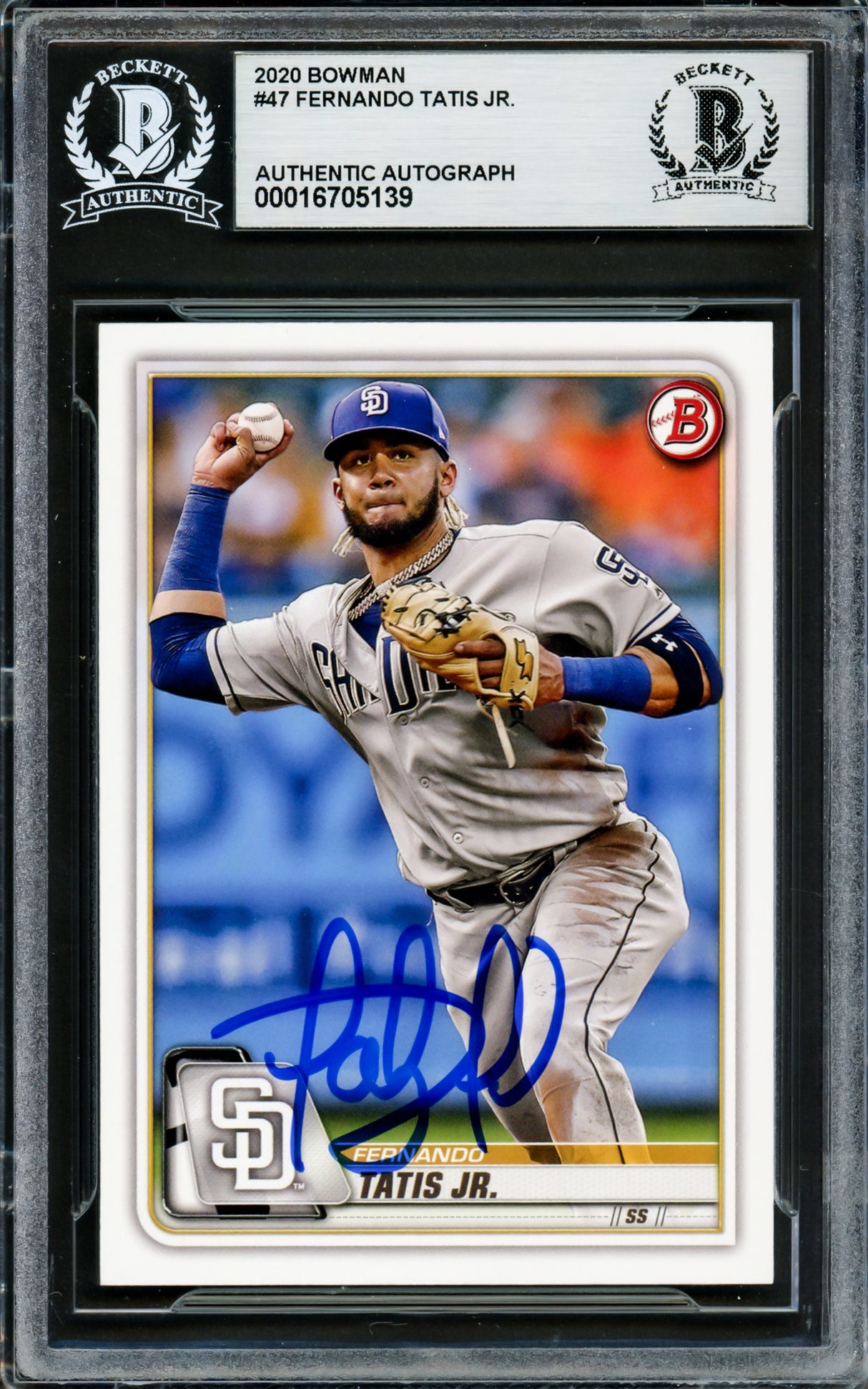 Fernando Tatis Jr. Autographed 2020 Bowman Card #47 San Diego Padres Beckett BAS Stock #228047