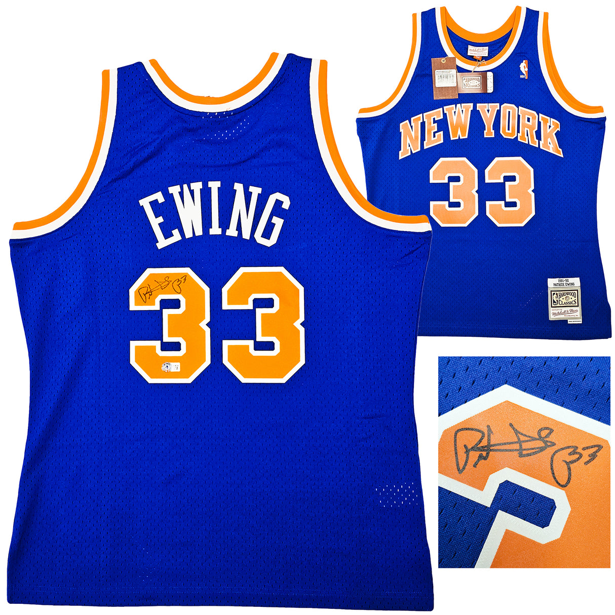 New York Knicks Patrick Ewing Autographed Blue Authentic Mitchell & Ness 1991-92 HWC Swingman Jersey Size L Beckett BAS Witness Stock #214818