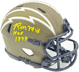 Ron Mix Autographed San Diego Chargers Army Green Salute to Service Speed Mini Helmet "HOF 1979" Beckett BAS Witness Stock #230075