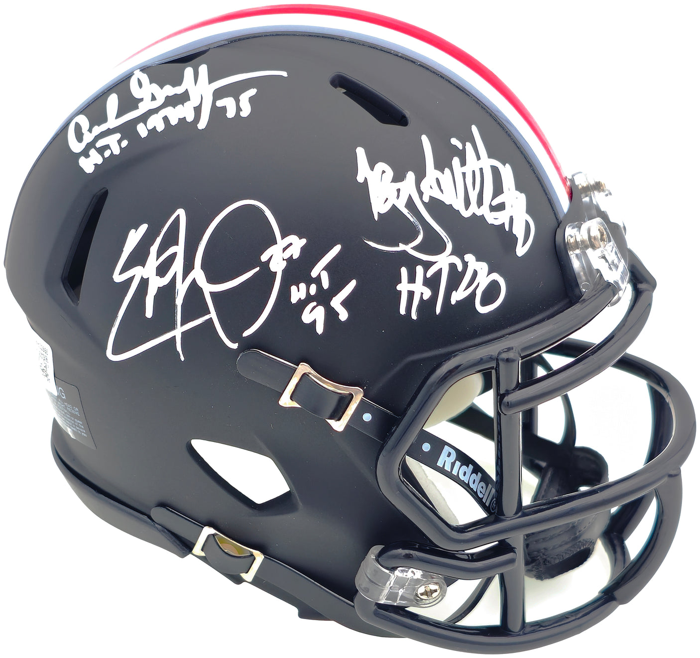 Archie Griffin, Eddie George & Troy Smith Autographed Ohio State Buckeyes Black Speed Mini Helmet "HT" Beckett BAS Witness Stock #230119