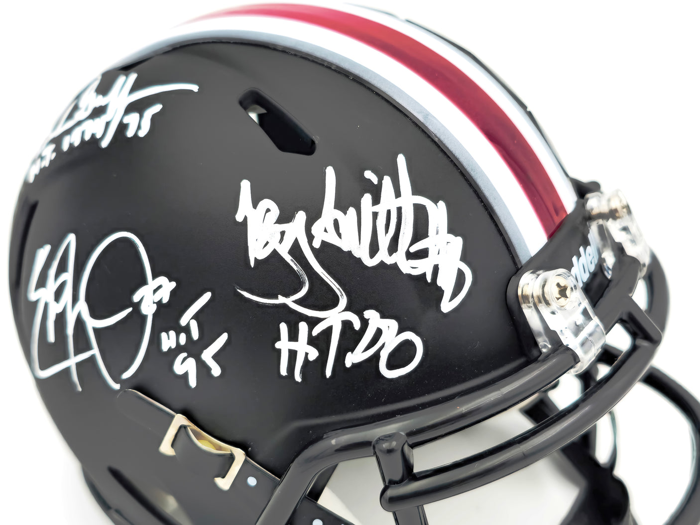 Archie Griffin, Eddie George & Troy Smith Autographed Ohio State Buckeyes Black Speed Mini Helmet "HT" Beckett BAS Witness Stock #230119