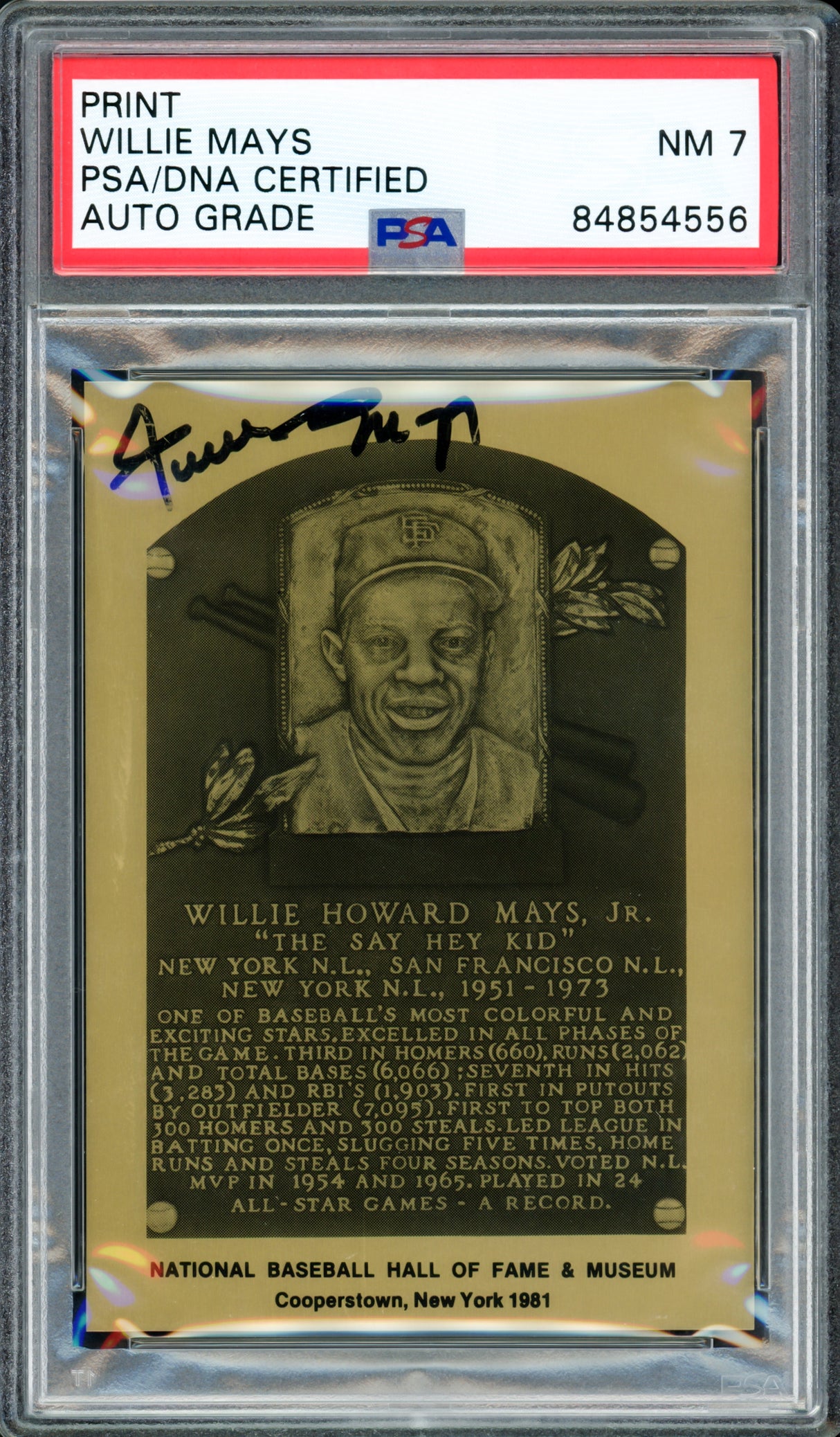 Willie Mays Autographed 1983 Hall of Fame HOF Metallic Plaque San Francisco Giants Auto Grade 7 PSA/DNA #84854556