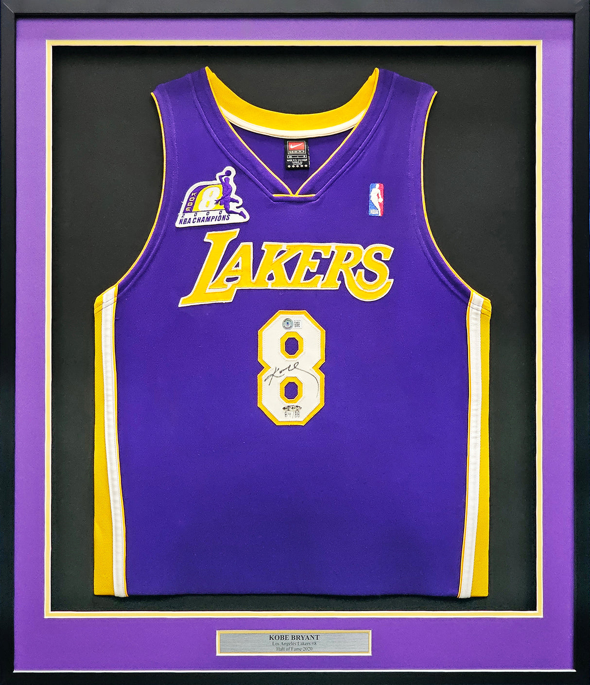 Los Angeles Lakers Kobe Bryant Autographed Framed Purple Nike 2008 NBA Champions Logo Jersey #84/88 UDA Holo & Beckett BAS #AC74576