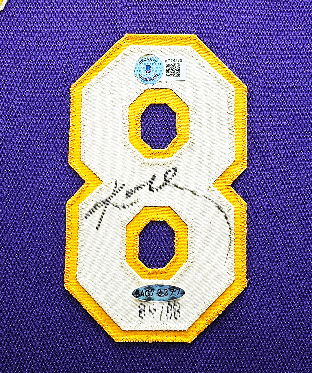 Los Angeles Lakers Kobe Bryant Autographed Framed Purple Nike 2008 NBA Champions Logo Jersey #84/88 UDA Holo & Beckett BAS #AC74576