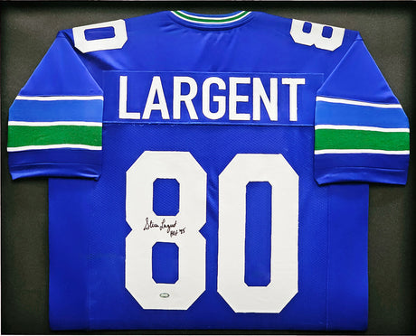 Seattle Seahawks Steve Largent Autographed Framed Blue Jersey "HOF 95" MCS Holo Stock #218636