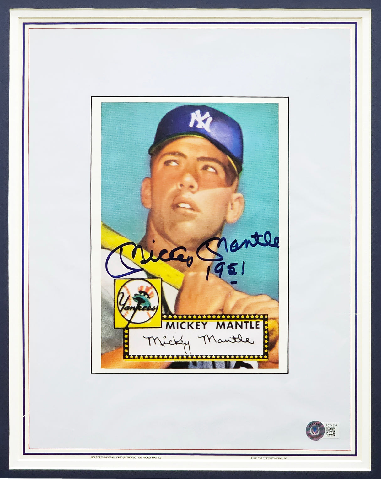 Mickey Mantle Autographed Framed 1952 Topps Baseball Rookie Card #311 11x14 Photo Reprint New York Yankees "1951" Beckett BAS #AC74554