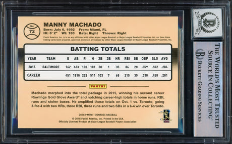 Manny Machado Autographed 2016 Donruss Card #72 Baltimore Orioles Auto Grade Gem Mint 10 Beckett BAS #16542360