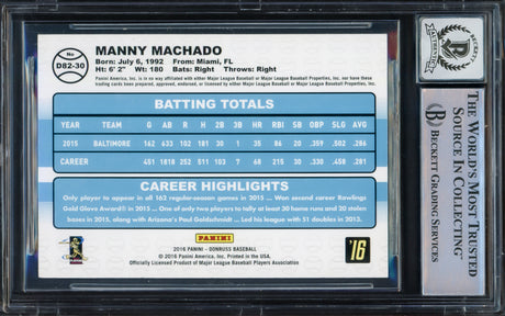 Manny Machado Autographed 2016 Donruss 1982 Card #D82-30 Baltimore Orioles Auto Grade Gem Mint 10 Beckett BAS #16542361