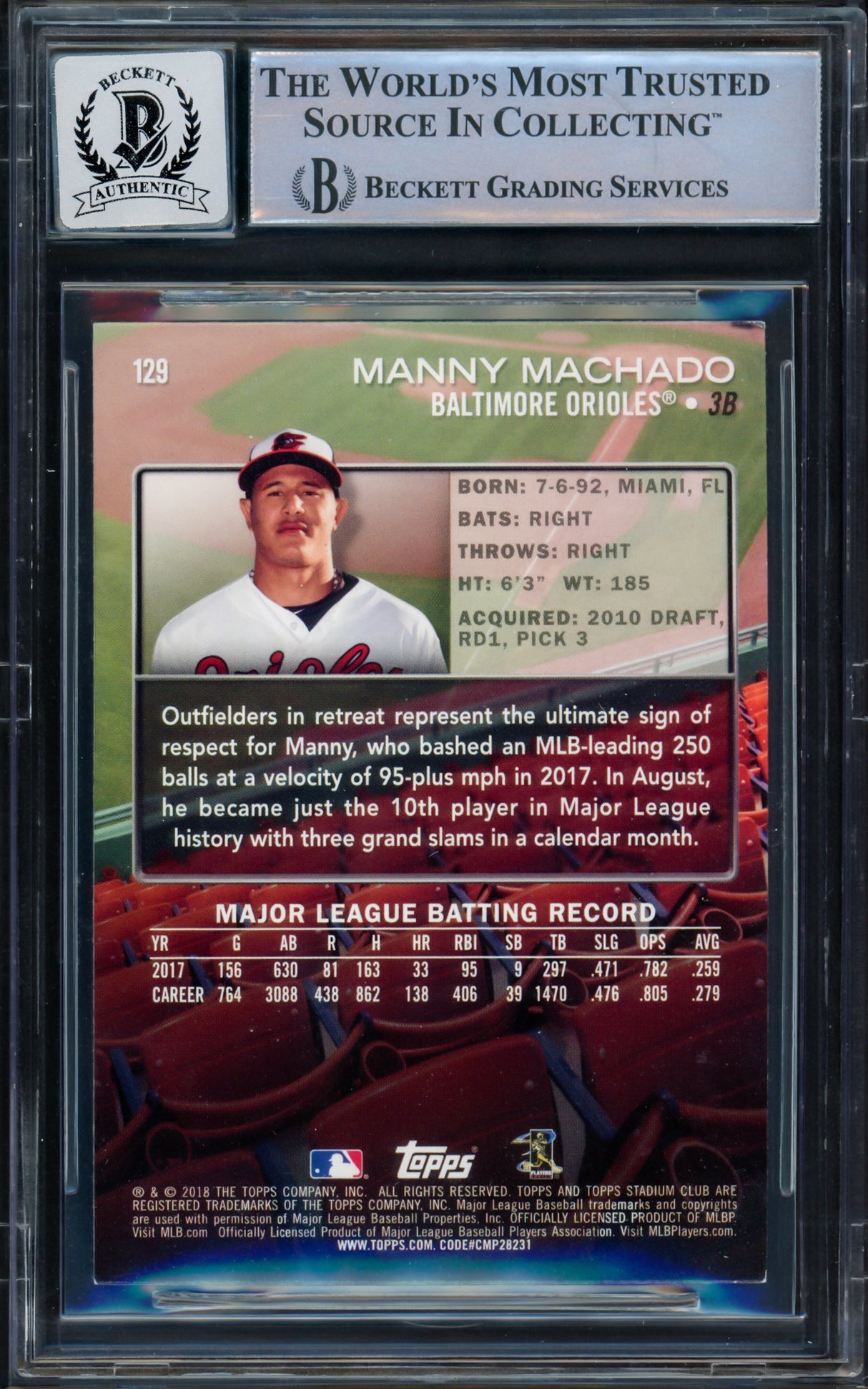 Manny Machado Autographed 2018 Stadium Club Black Foil Card #129 Baltimore Orioles Auto Grade Gem Mint 10 Beckett BAS #16542593