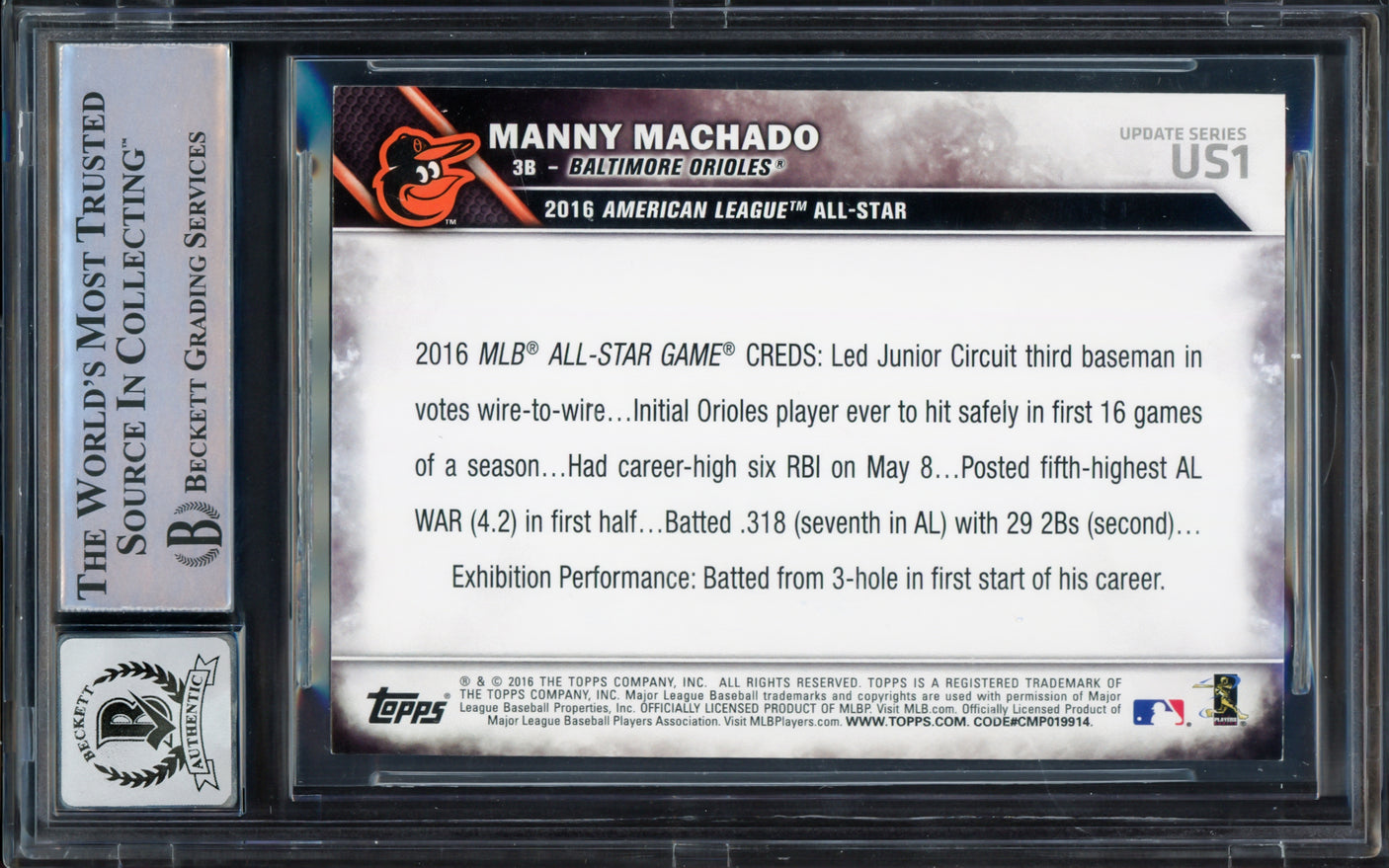 Manny Machado Autographed 2016 Topps Update Card #US1 Baltimore Orioles Auto Grade Gem Mint 10 Beckett BAS #16542434