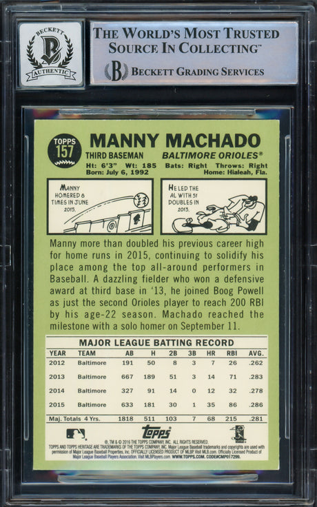 Manny Machado Autographed 2016 Topps Heritage Card #157 Baltimore Orioles Auto Grade Gem Mint 10 Beckett BAS #16542438