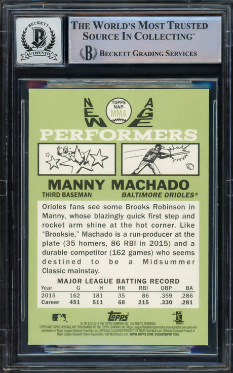 Manny Machado Autographed 2016 Topps Heritage New Age Performers Card #NAP-MMA Baltimore Orioles Auto Grade Gem Mint 10 Beckett BAS #16542439