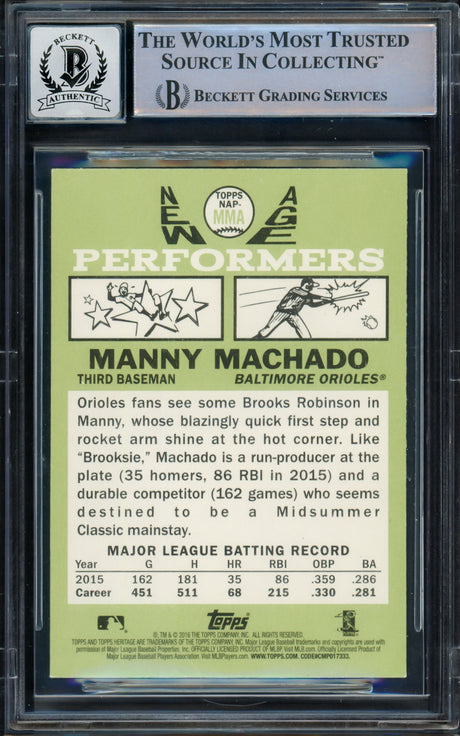 Manny Machado Autographed 2016 Topps Heritage New Age Performers Card #NAP-MMA Baltimore Orioles Auto Grade Gem Mint 10 Beckett BAS #16542441