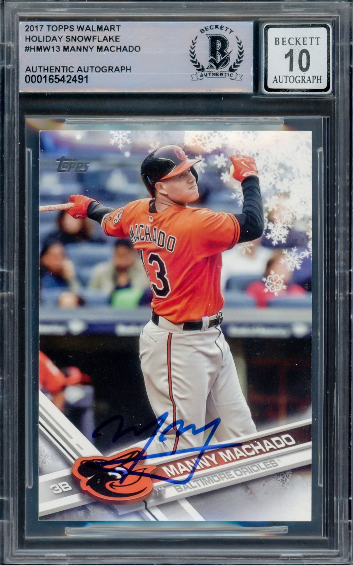 Manny Machado Autographed 2017 Topps Holiday Card #HMW13 Baltimore Orioles Auto Grade Gem Mint 10 Beckett BAS #16542491