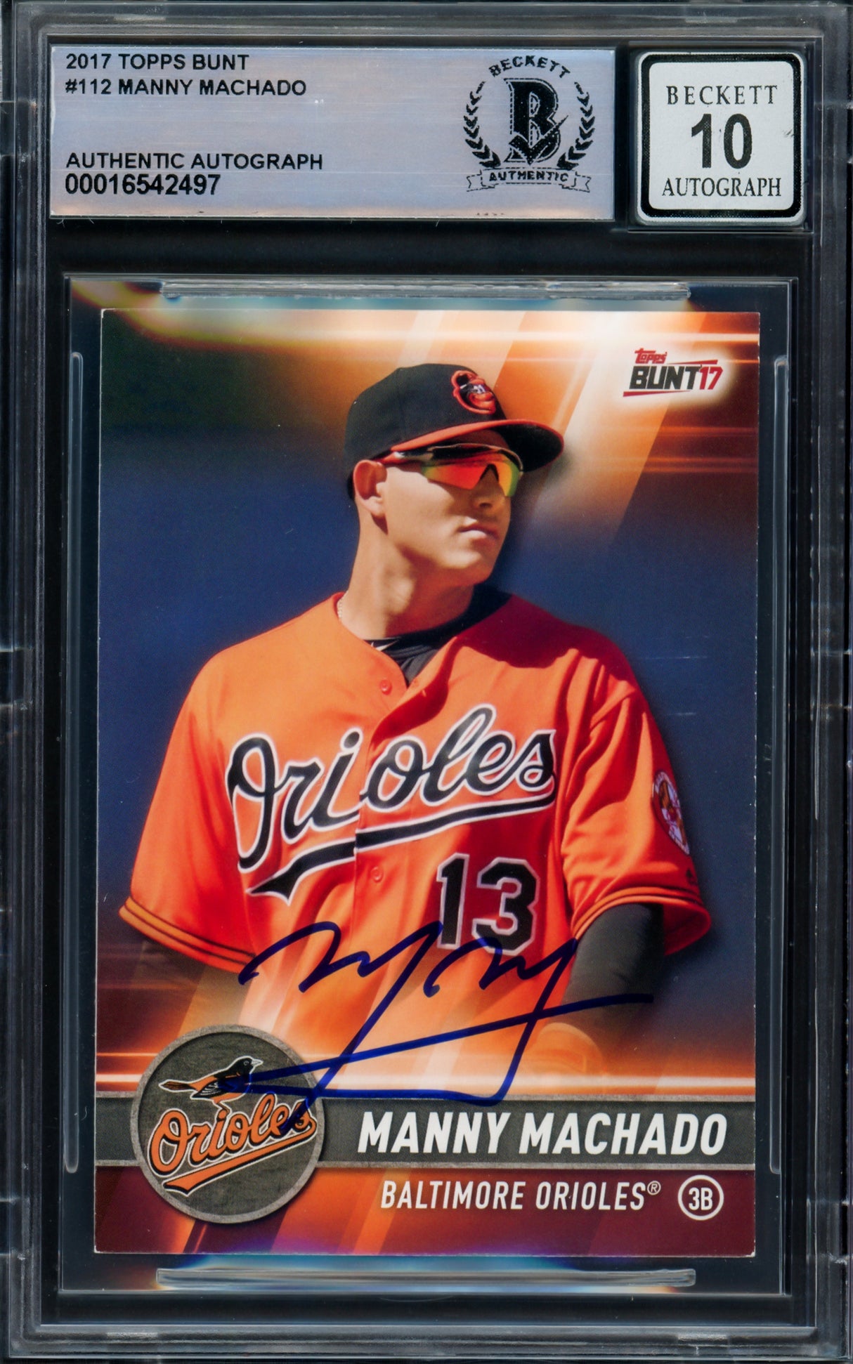 Manny Machado Autographed 2017 Topps Bunt Card #112 Baltimore Orioles Auto Grade Gem Mint 10 Beckett BAS #16542497