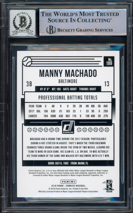 Manny Machado Autographed 2018 Donruss Card #189 Baltimore Orioles Auto Grade Gem Mint 10 Beckett BAS #16542503