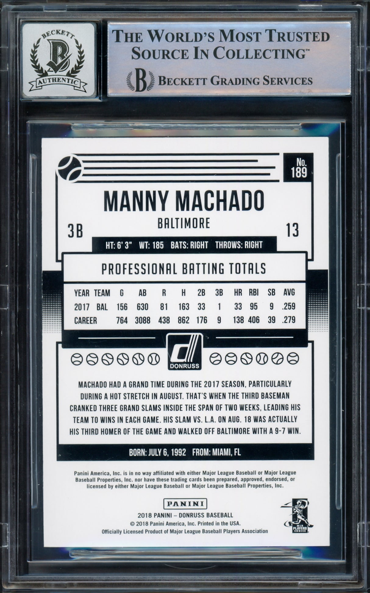 Manny Machado Autographed 2018 Donruss Variation Card #189 Baltimore Orioles Auto Grade Gem Mint 10 Beckett BAS #16542506