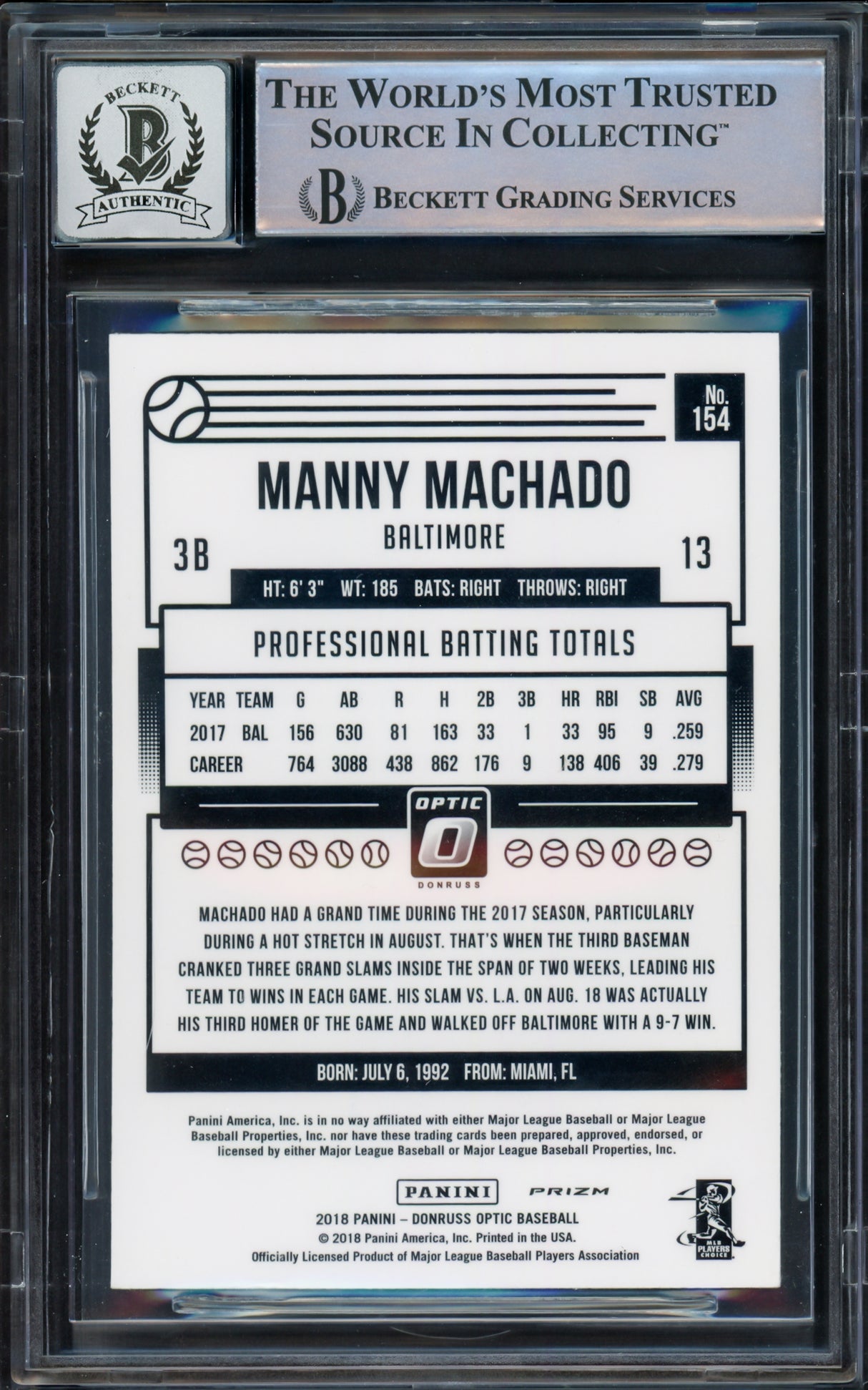 Manny Machado Autographed 2018 Donruss Optic Purple Card #154 Baltimore Orioles Auto Grade Gem Mint 10 Beckett BAS #16542508