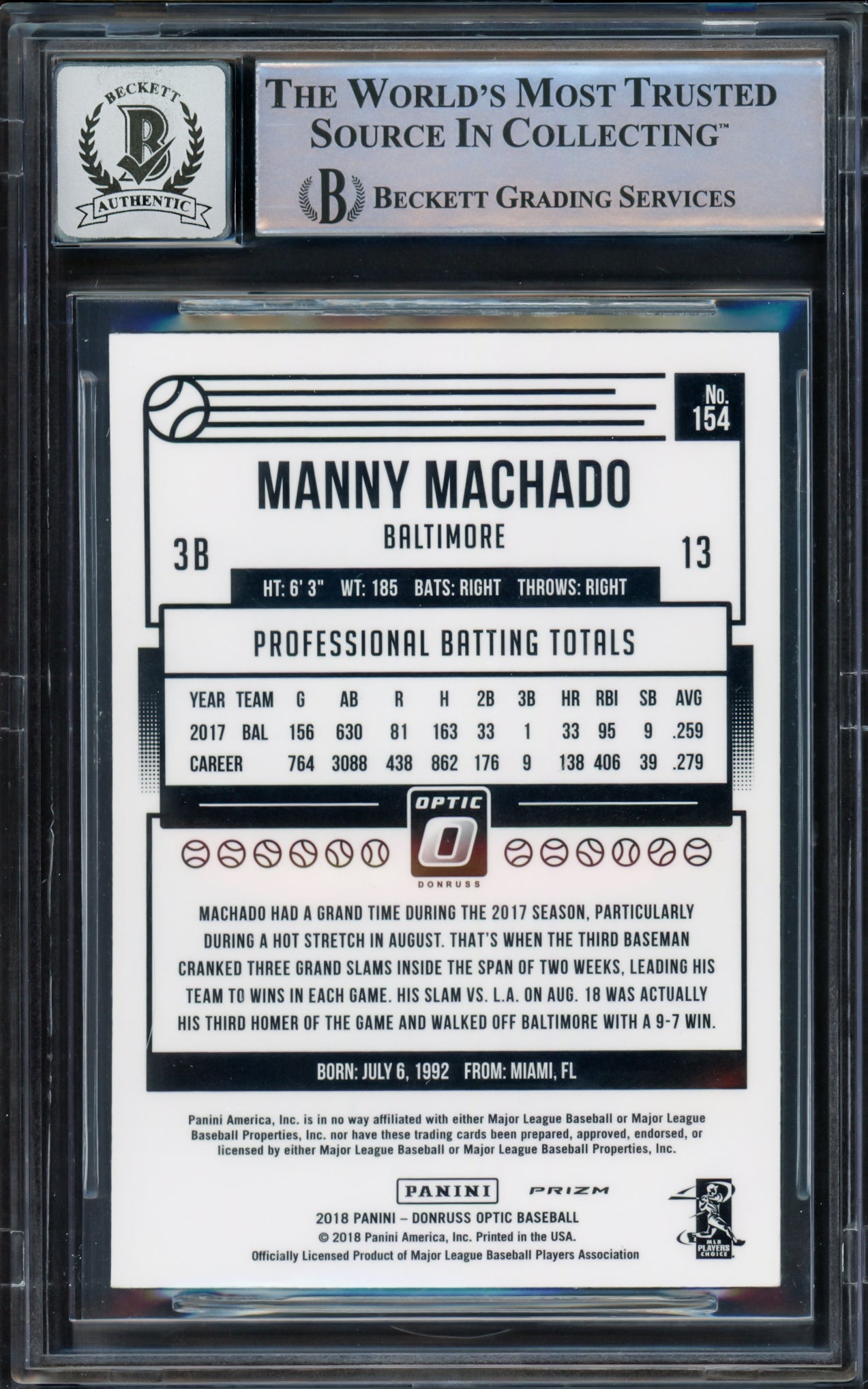 Manny Machado Autographed 2018 Donruss Optic Purple Card #154 Baltimore Orioles Auto Grade Gem Mint 10 Beckett BAS #16542508