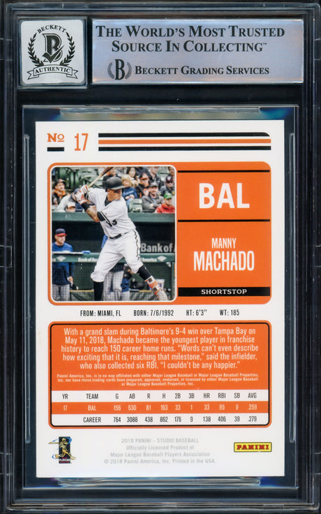 Manny Machado Autographed 2018 Panini Studio Card #17 Baltimore Orioles Auto Grade Gem Mint 10 Beckett BAS #16542590