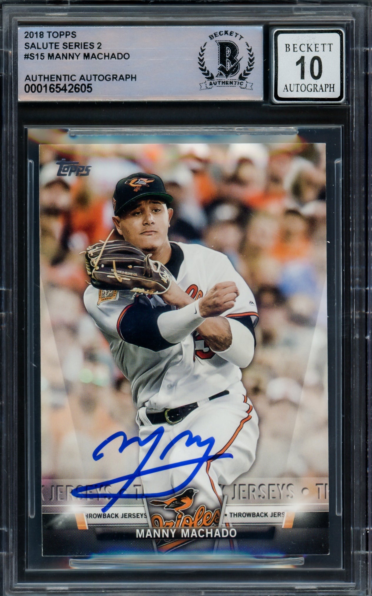 Manny Machado Autographed 2018 Topps Throwback Jerseys Card #S15 Baltimore Orioles Auto Grade Gem Mint 10 Beckett BAS #16542605