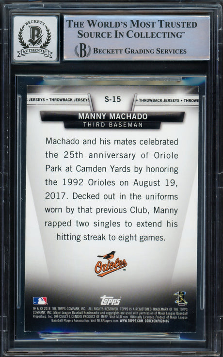 Manny Machado Autographed 2018 Topps Throwback Jerseys Card #S15 Baltimore Orioles Auto Grade Gem Mint 10 Beckett BAS #16542605