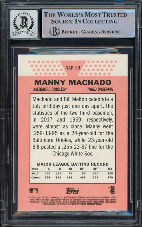 Manny Machado Autographed 2018 Topps Heritage New Age Performers Card #NAP-20 Baltimore Orioles Auto Grade Gem Mint 10 Beckett BAS #16542700